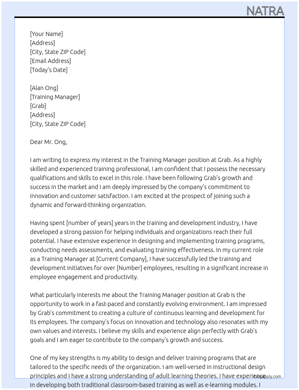 Training Manager At Grab Cover Letter