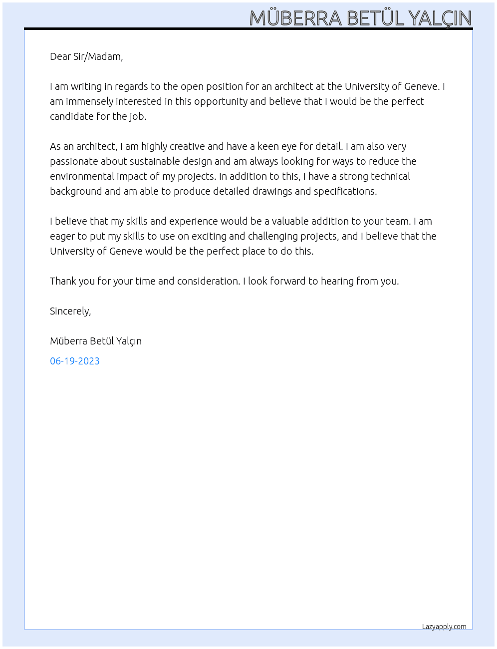 Architect At University of Geneve Cover Letter