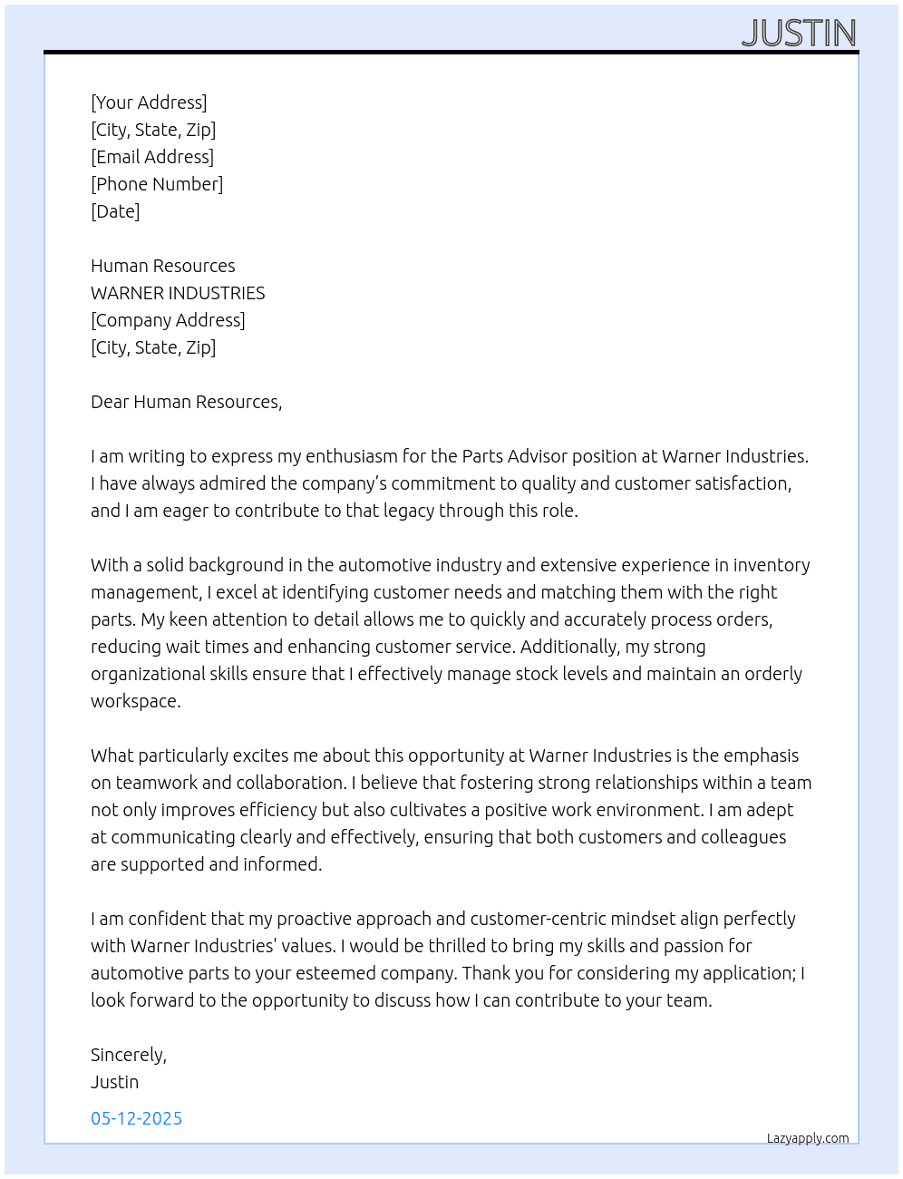 Parts Advisor At WARNER INDUSTRIES Cover Letter