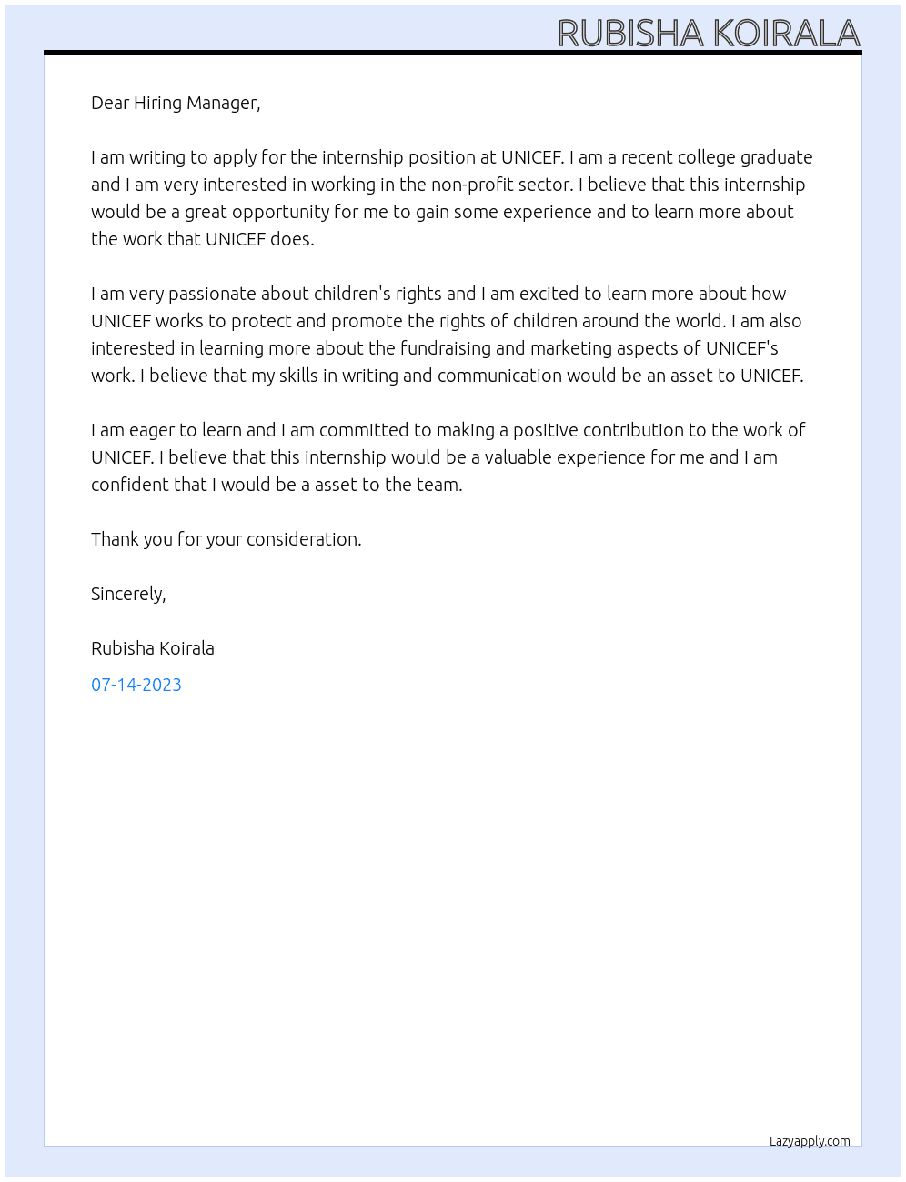 Intership  At Unicef Cover Letter