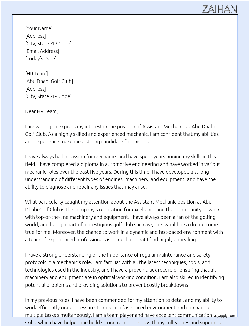 Assistant Mechanic At Abu dhabi golf club Cover Letter