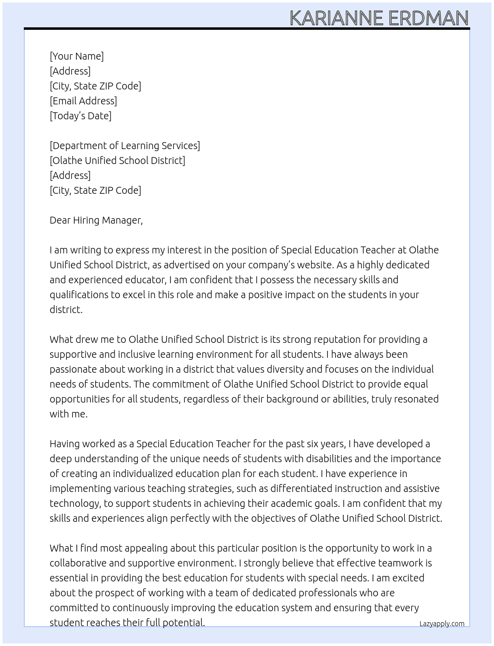 Special Education Teacher At Olathe Unified School District Cover Letter