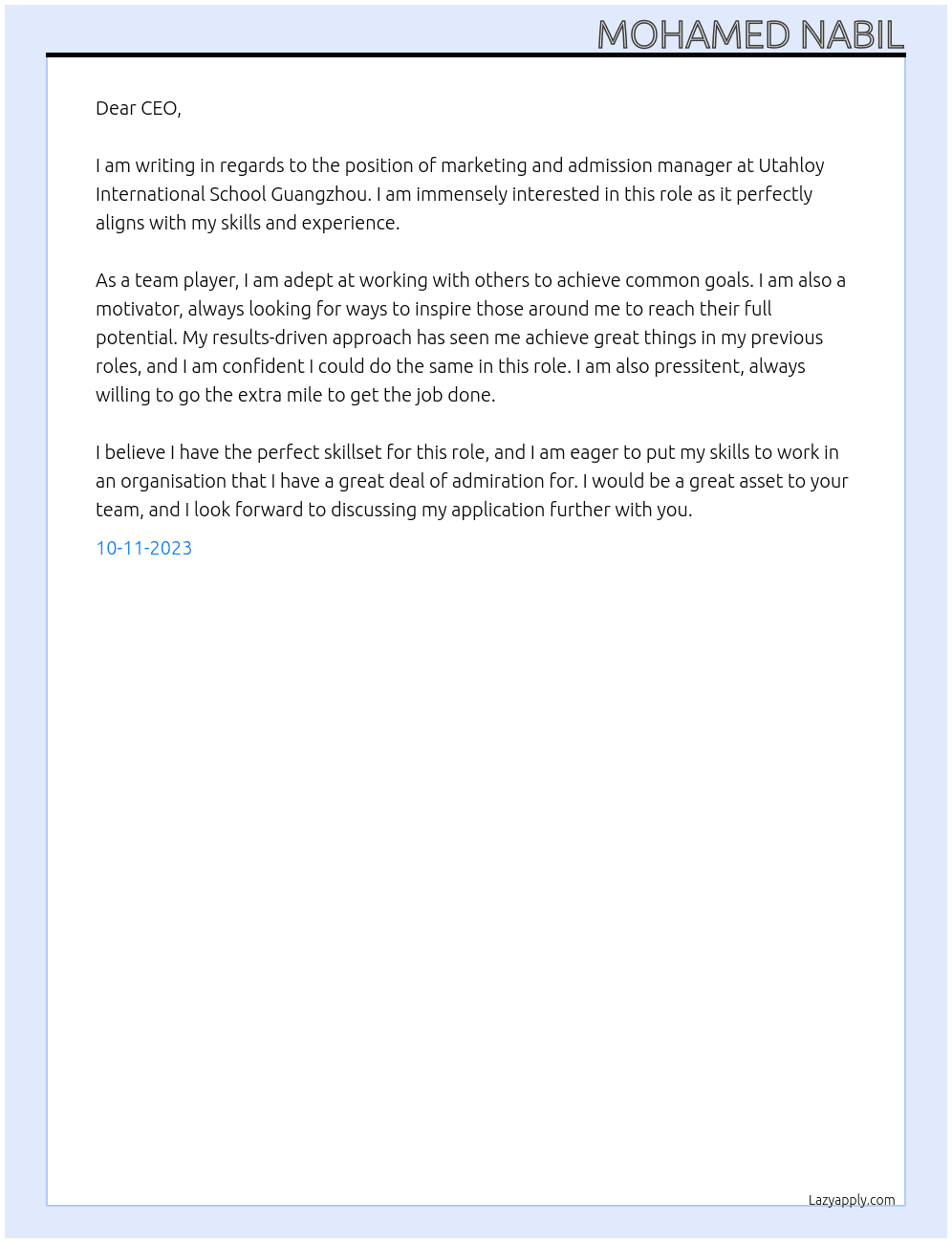 Marketing and admission.manager At Utahloy International school Guangzhou Cover Letter