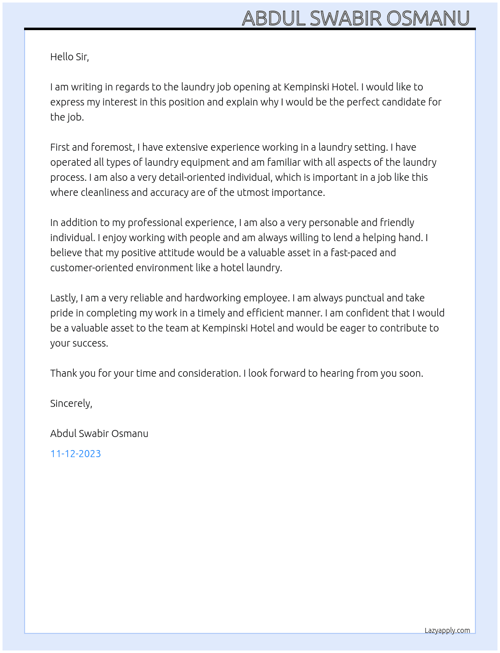 Laundry job At Kempinski Hotel Cover Letter