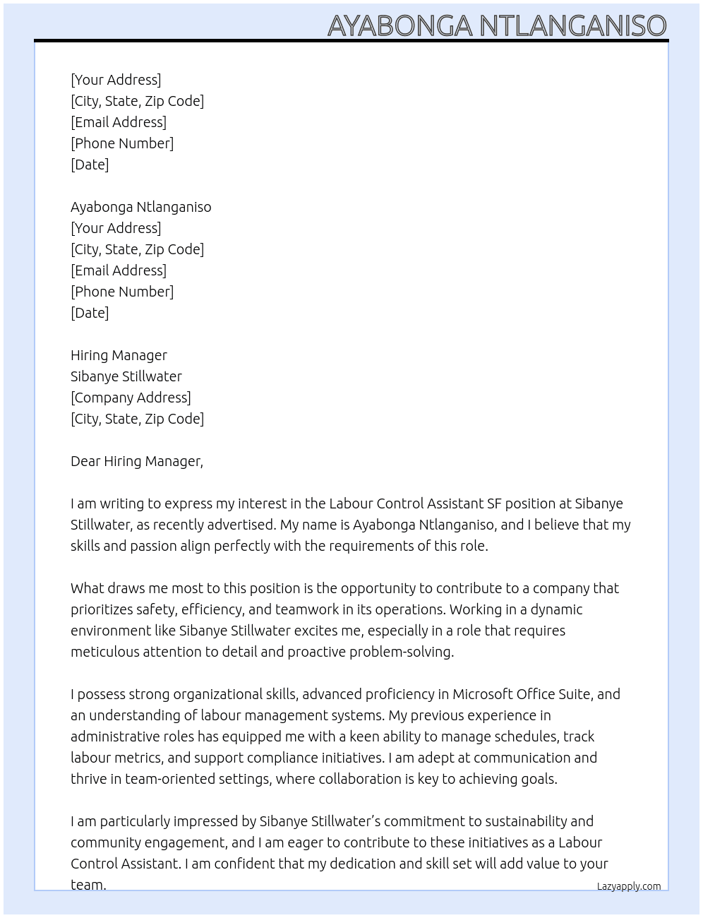 Cover letter for labour control assitant sf - LazyApply