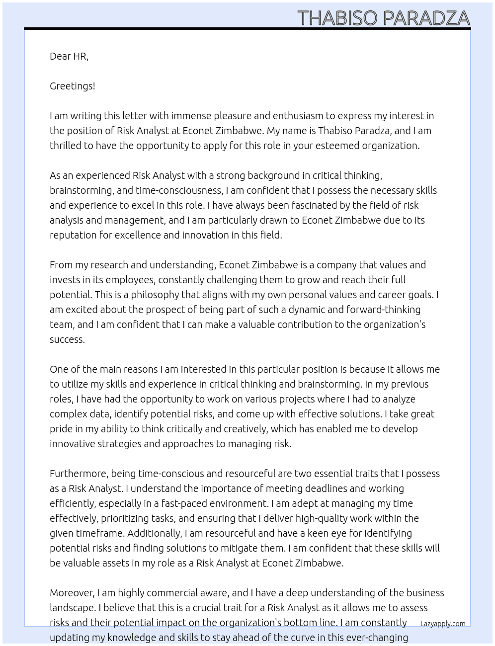 Risk Analyst  At Econet Zimbabwe Cover Letter