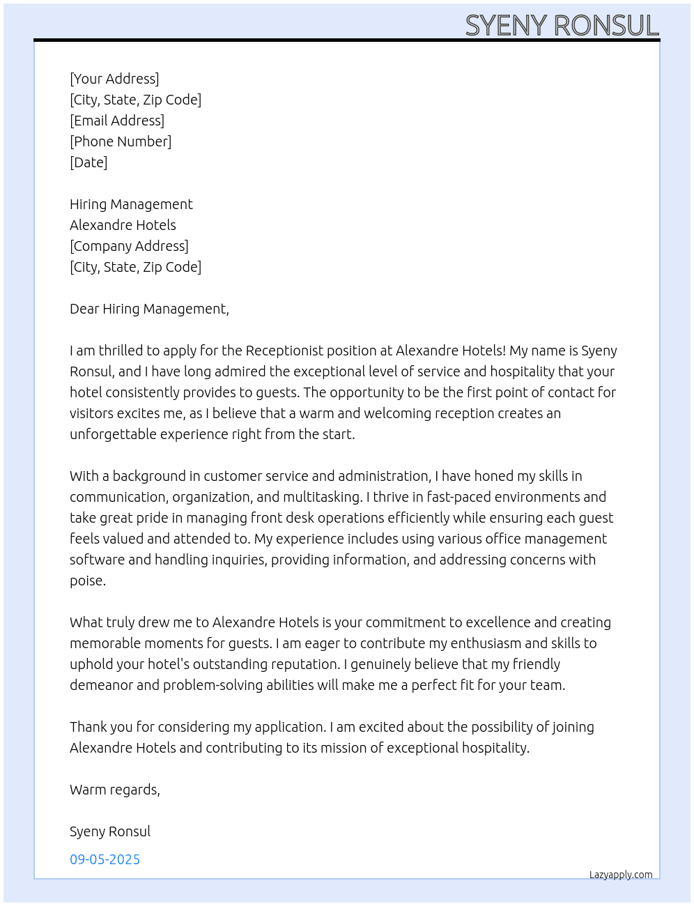 Receptionist At Alexandre Hotels Cover Letter