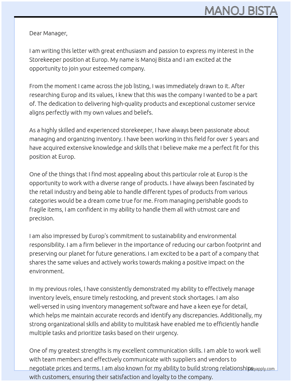 Storekeeper  At Europ Cover Letter