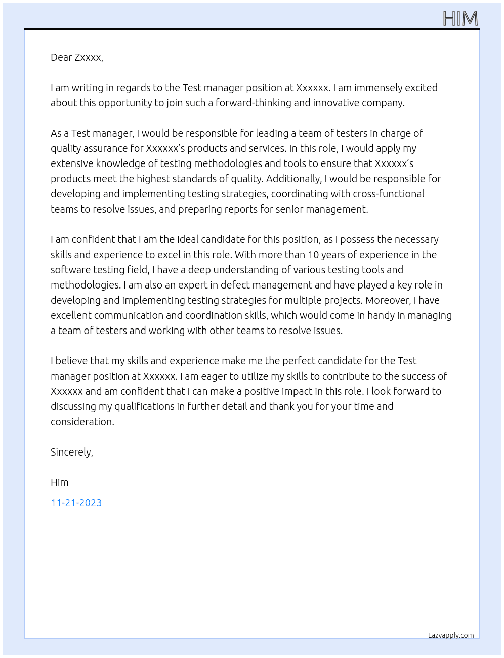 Test manager At Xxxxxx Cover Letter