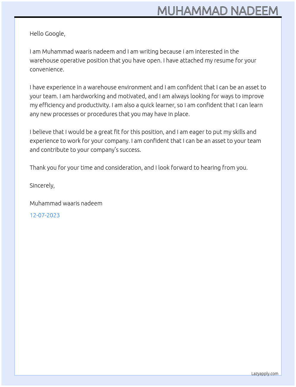 Warehouse operative  At Google Cover Letter