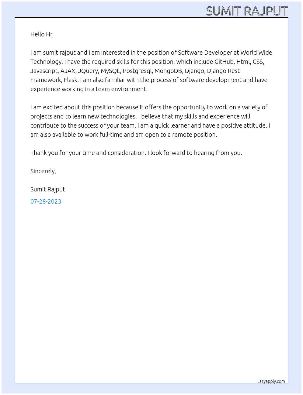 Software Developer  At World Wide Technology  Cover Letter