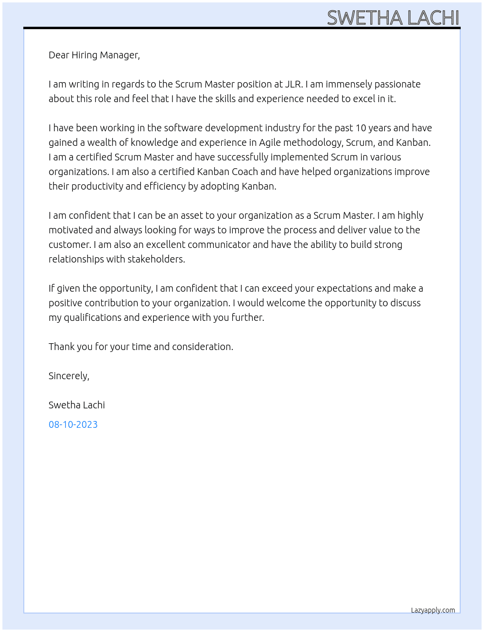 Scrum Master At JLR Cover Letter
