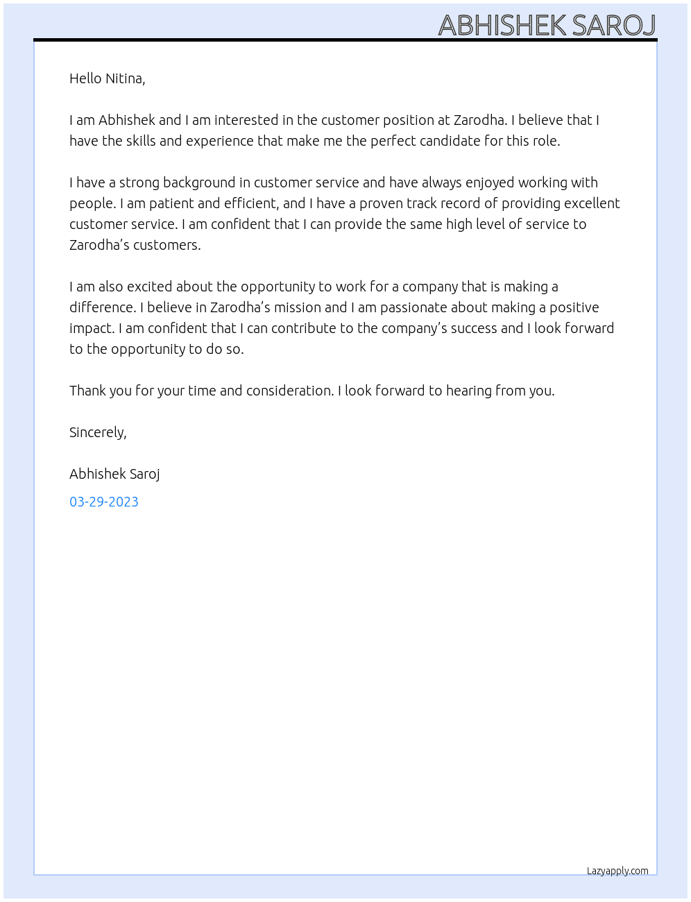 Customer  At Zarodha  Cover Letter