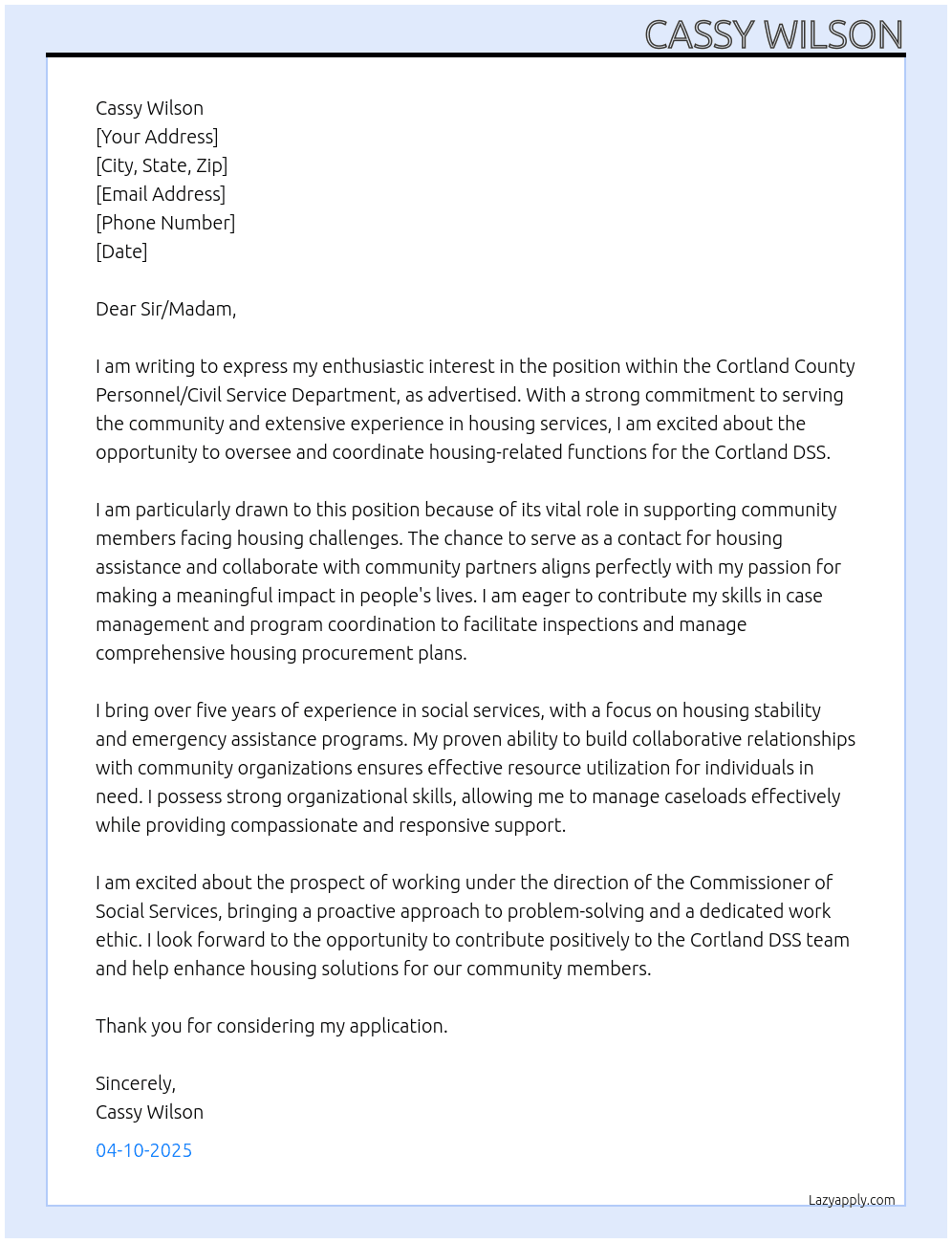 CORTLAND COUNTY PERSONNEL/CIVIL SERVICE DEPARTMENT At Cortland DSS Cover Letter