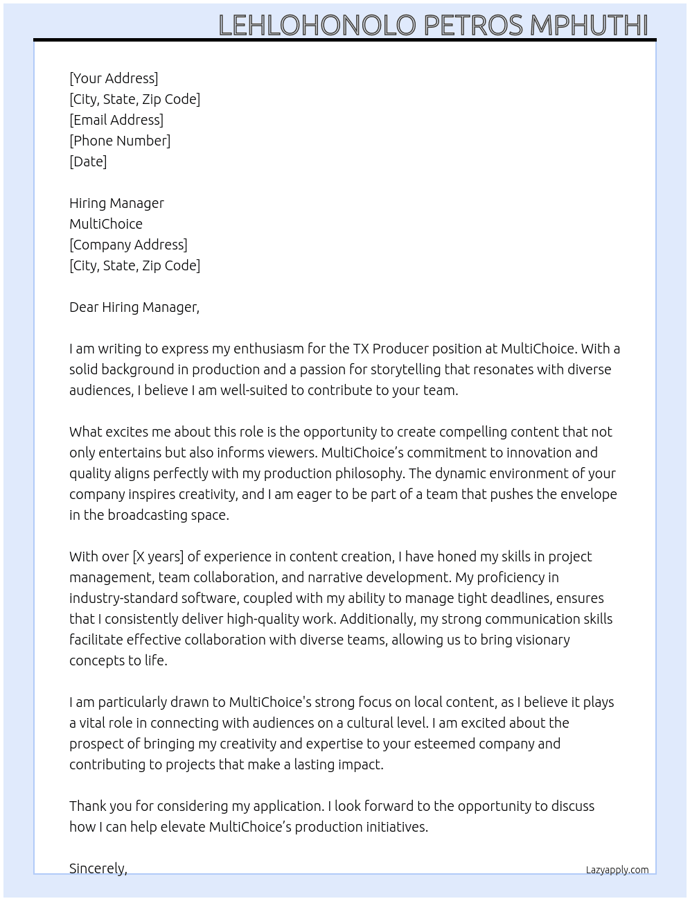 TX Producer At Multichoice Cover Letter