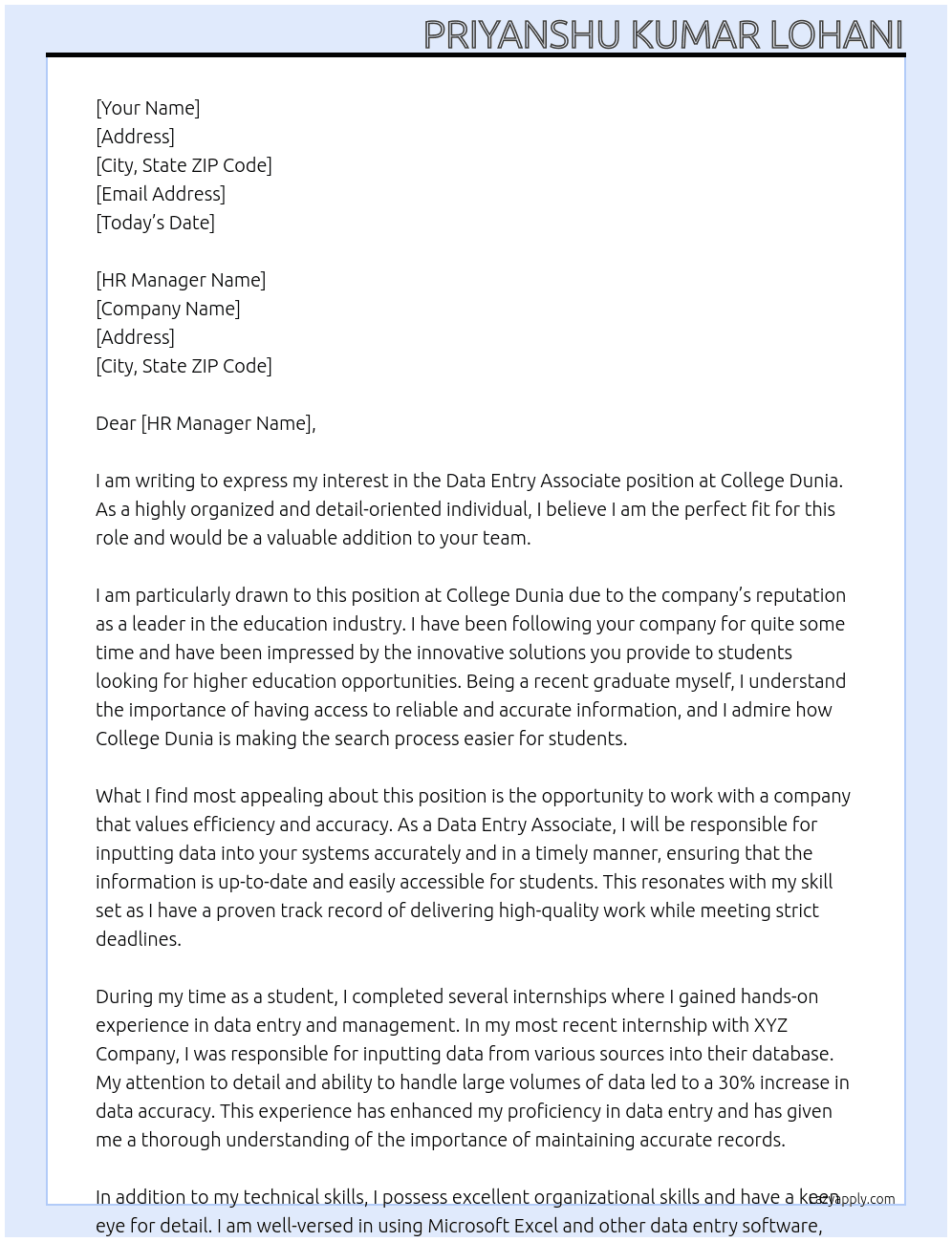Data Entry Associate At College Dunia Cover Letter