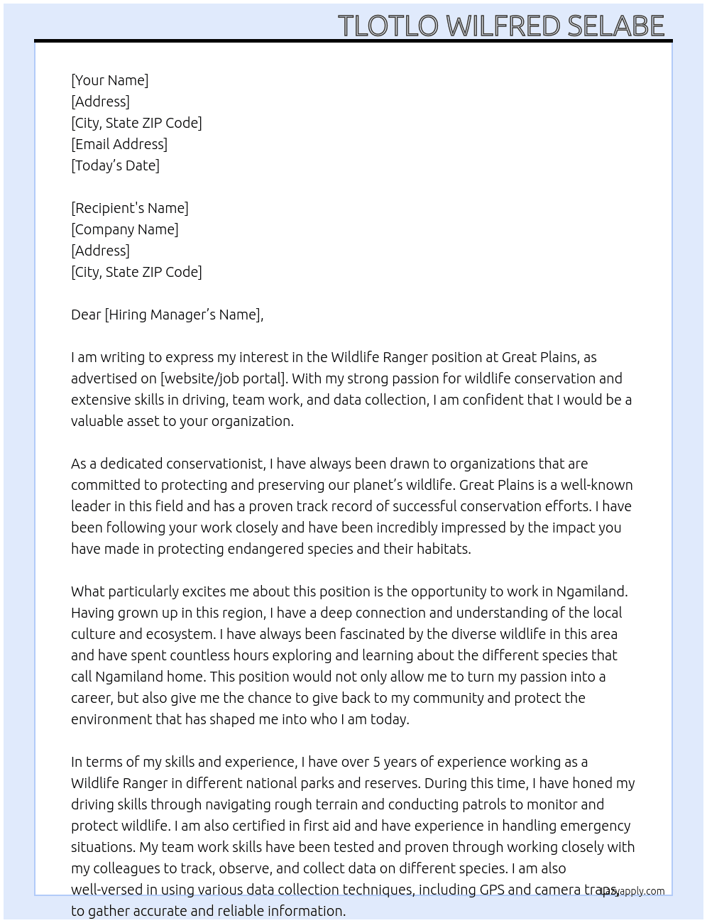 Wildlife Ranger  At Great Plains Cover Letter