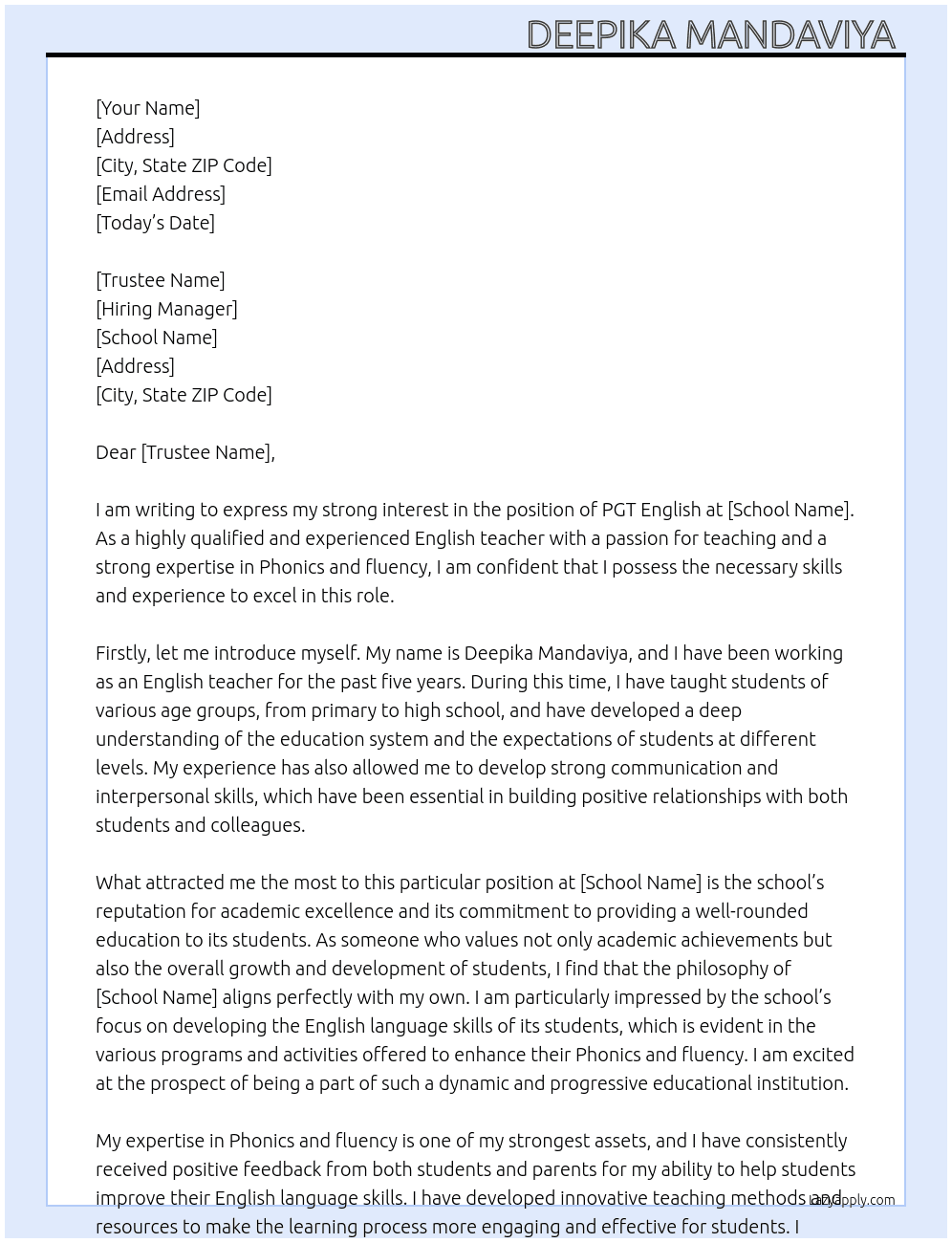 PGT English  At School  Cover Letter