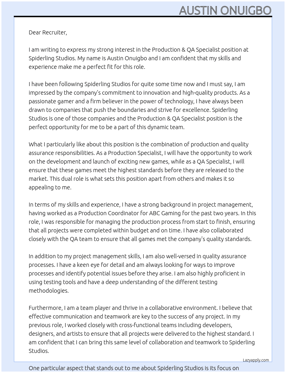 Production & QA Speclialist At Spiderling Studios Cover Letter