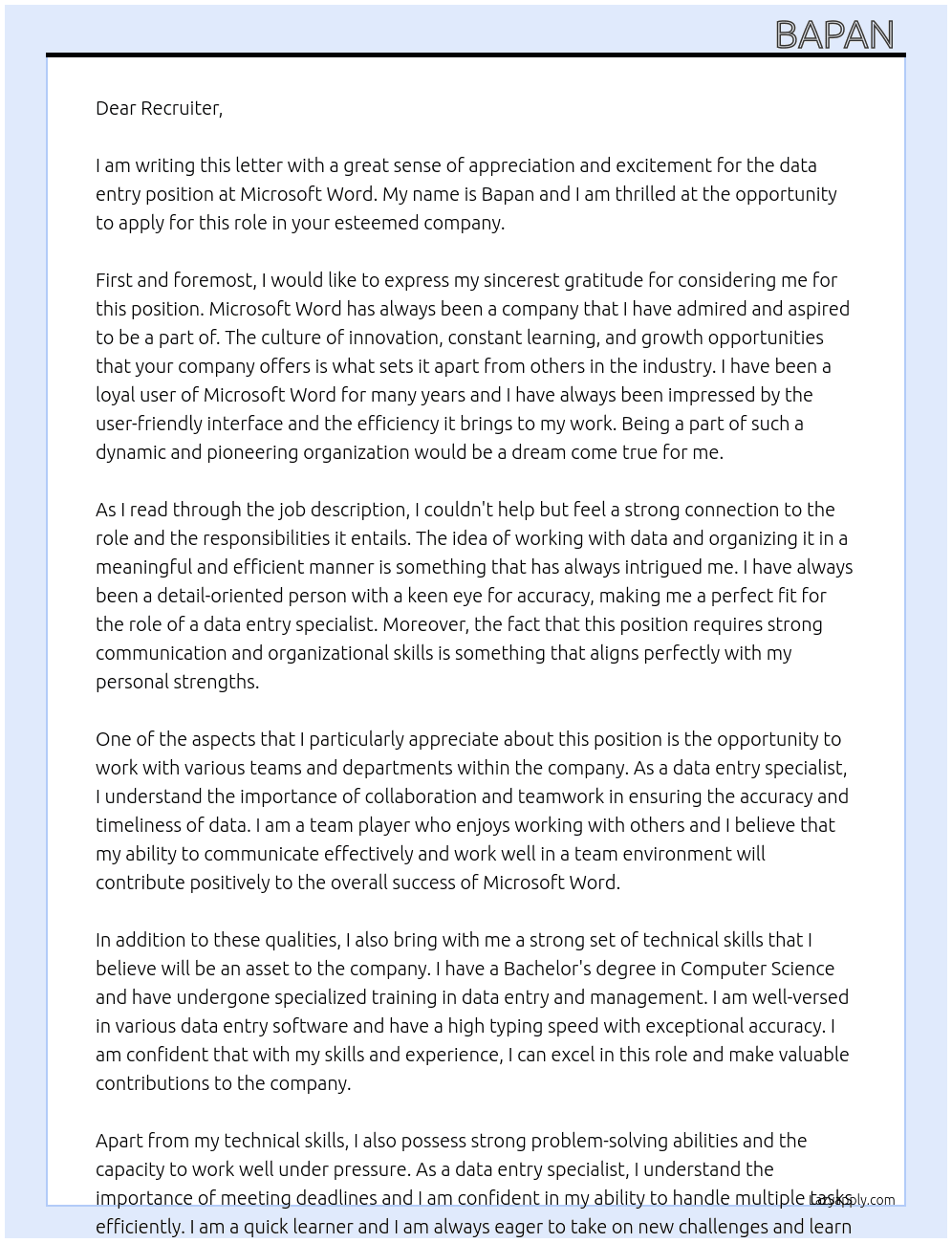 data entry At Microsoft word Cover Letter