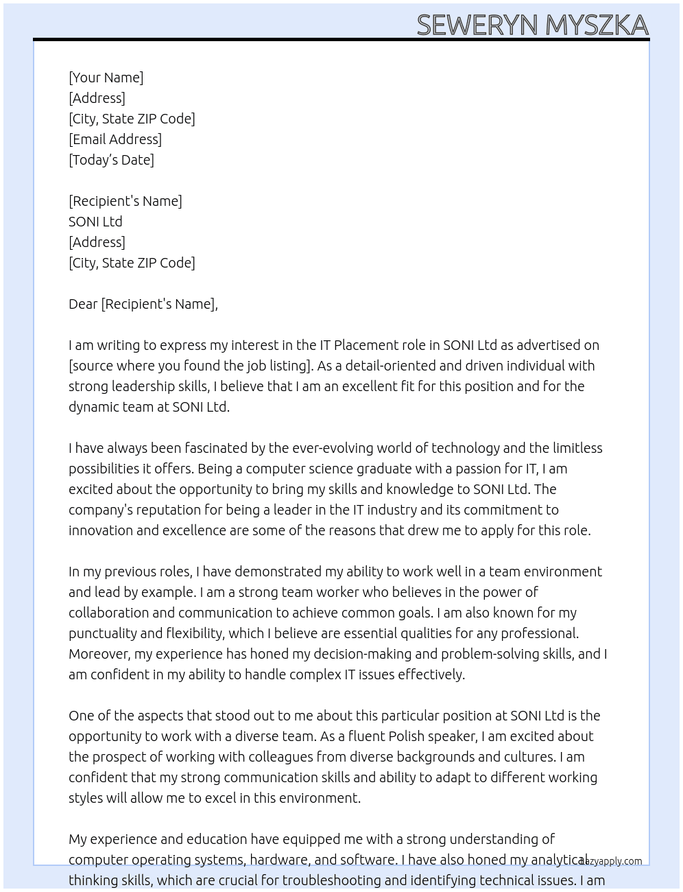 IT Placement At SONI Ltd Cover Letter