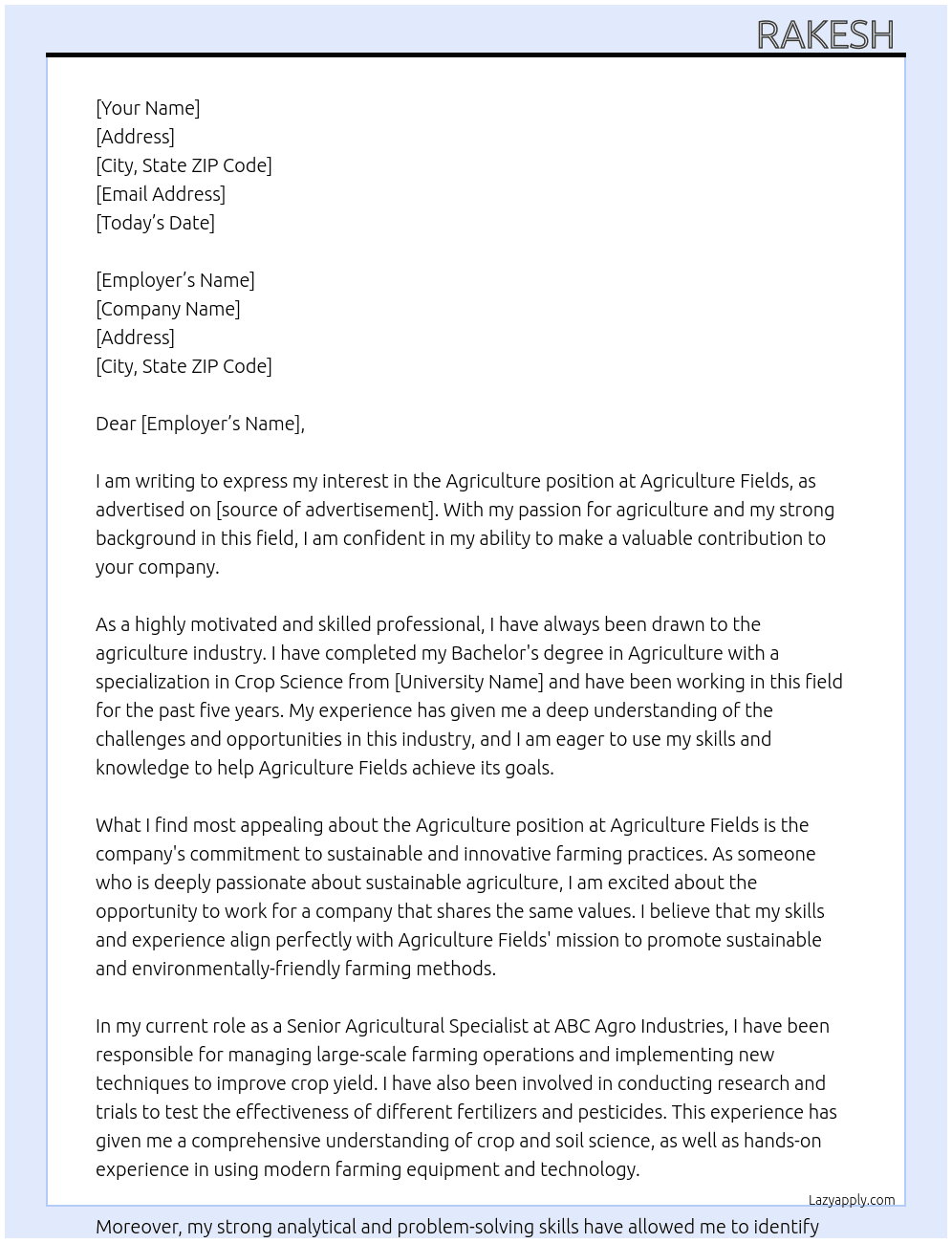 Agriculture  At Agriculture fields  Cover Letter