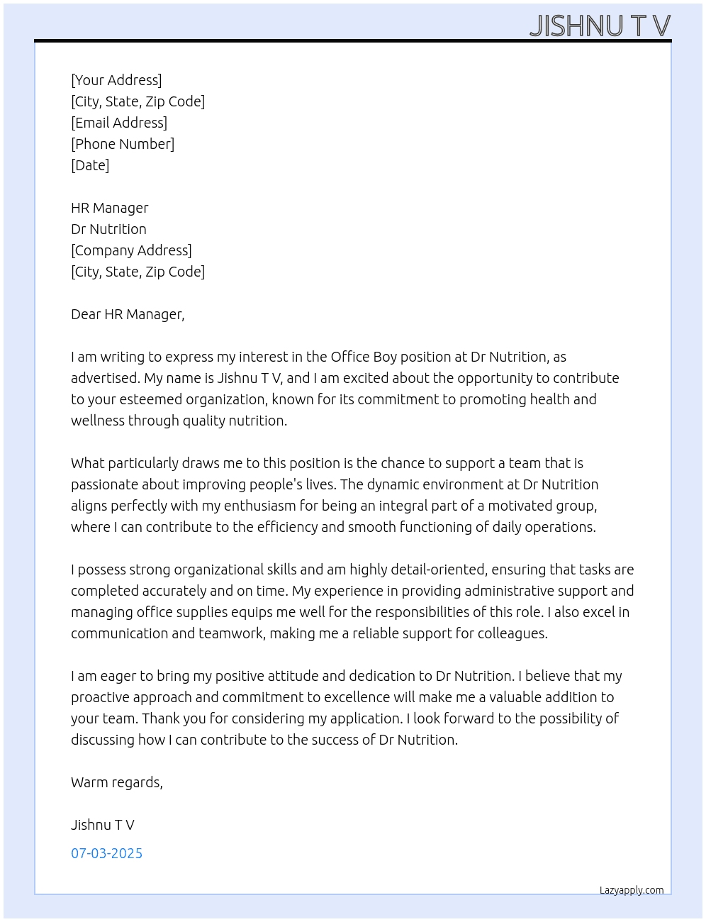 Office Boy At Dr Nutrition  Cover Letter