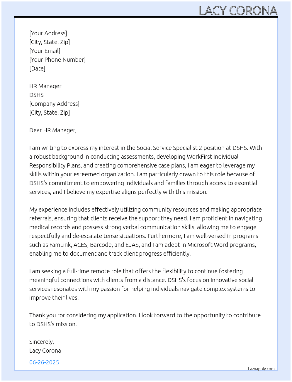 Social Service Specialist 2 At DSHS Cover Letter