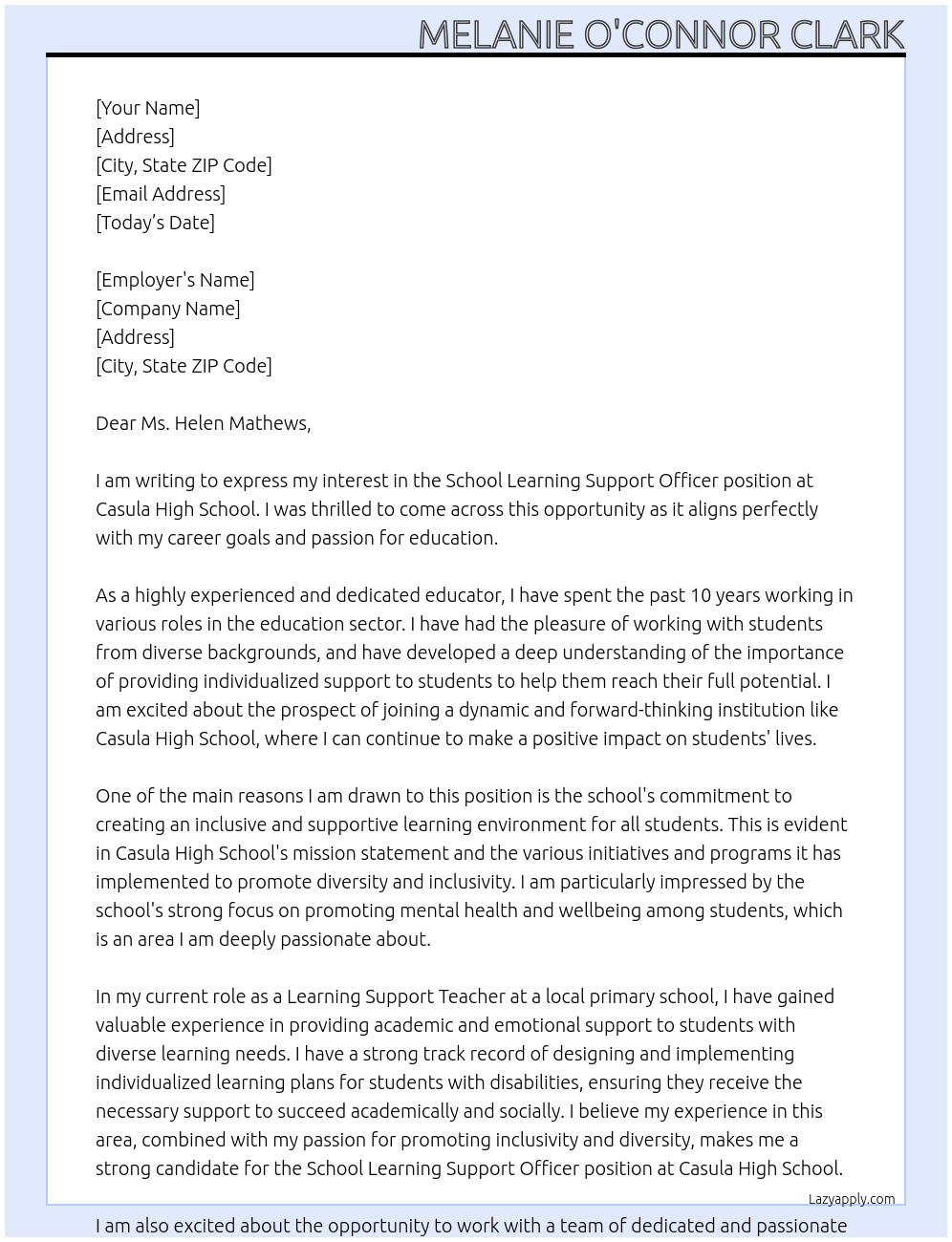 School Learning Support officer At Casula High School Cover Letter