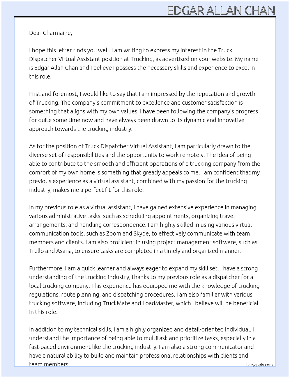 truck dispatcher virtual assistant At trucking Cover Letter