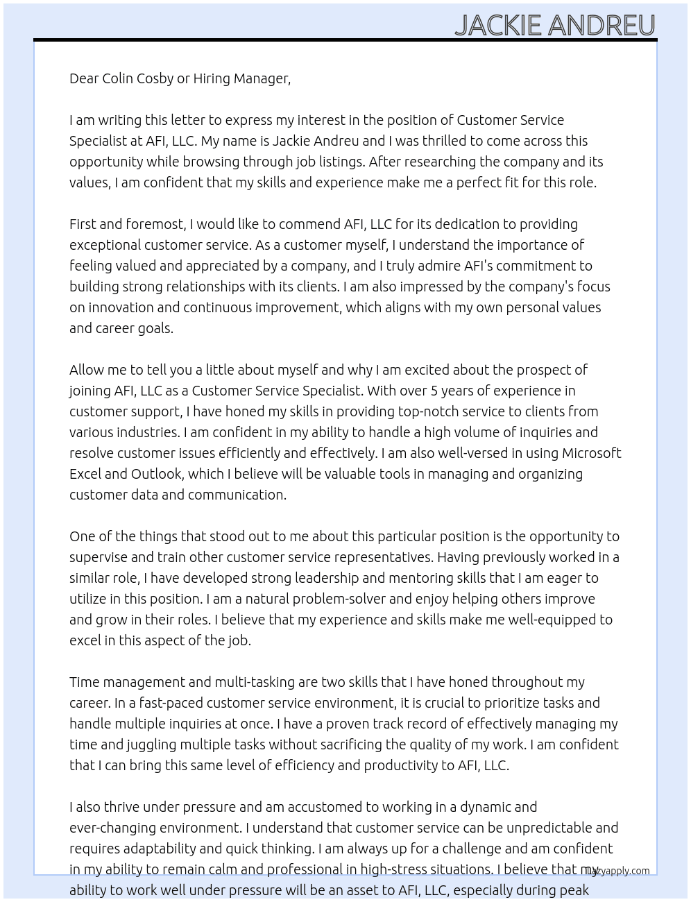 Customer Service Specialist At AFI, LLC Cover Letter