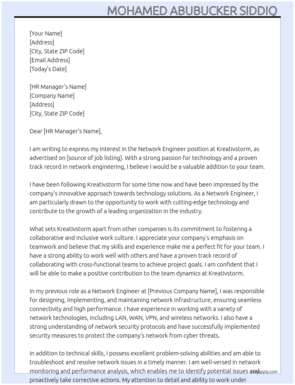 Network Engineer At Kreativstorm Cover Letter