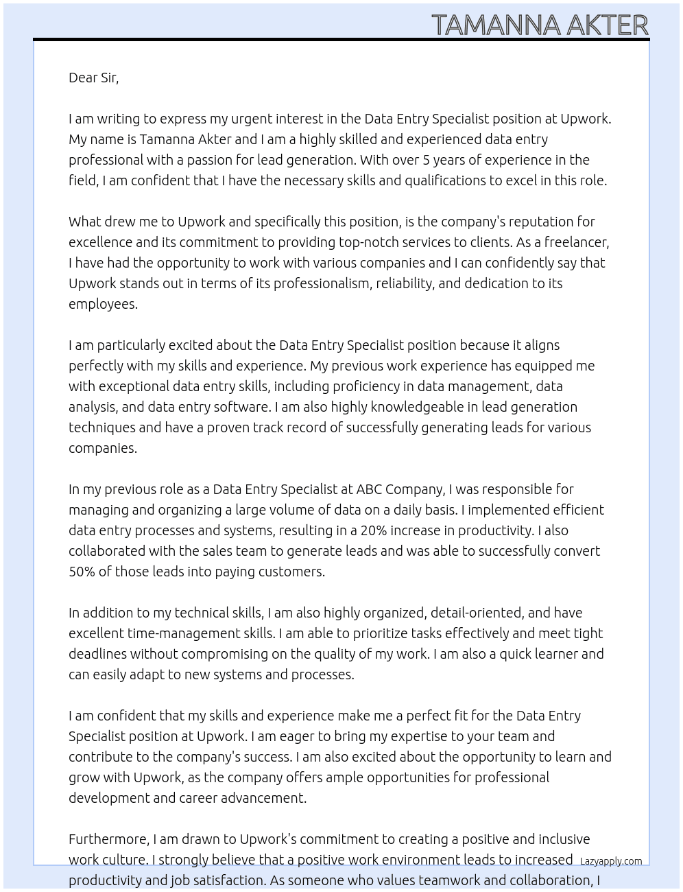 Cover letter for data entry, lead generation - LazyApply