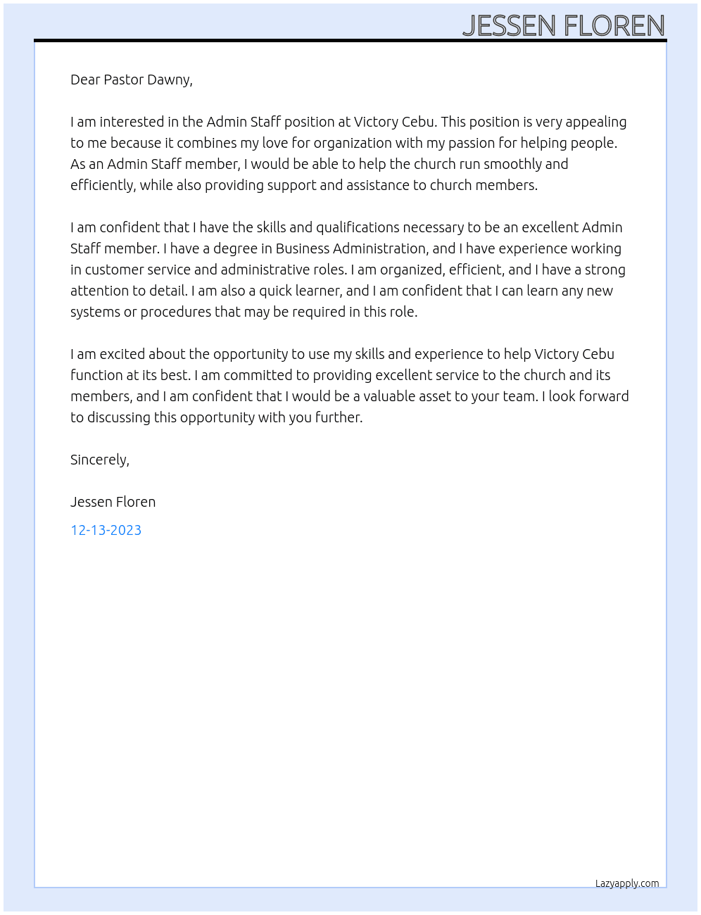 Admin Staff  At Victory Cebu Cover Letter