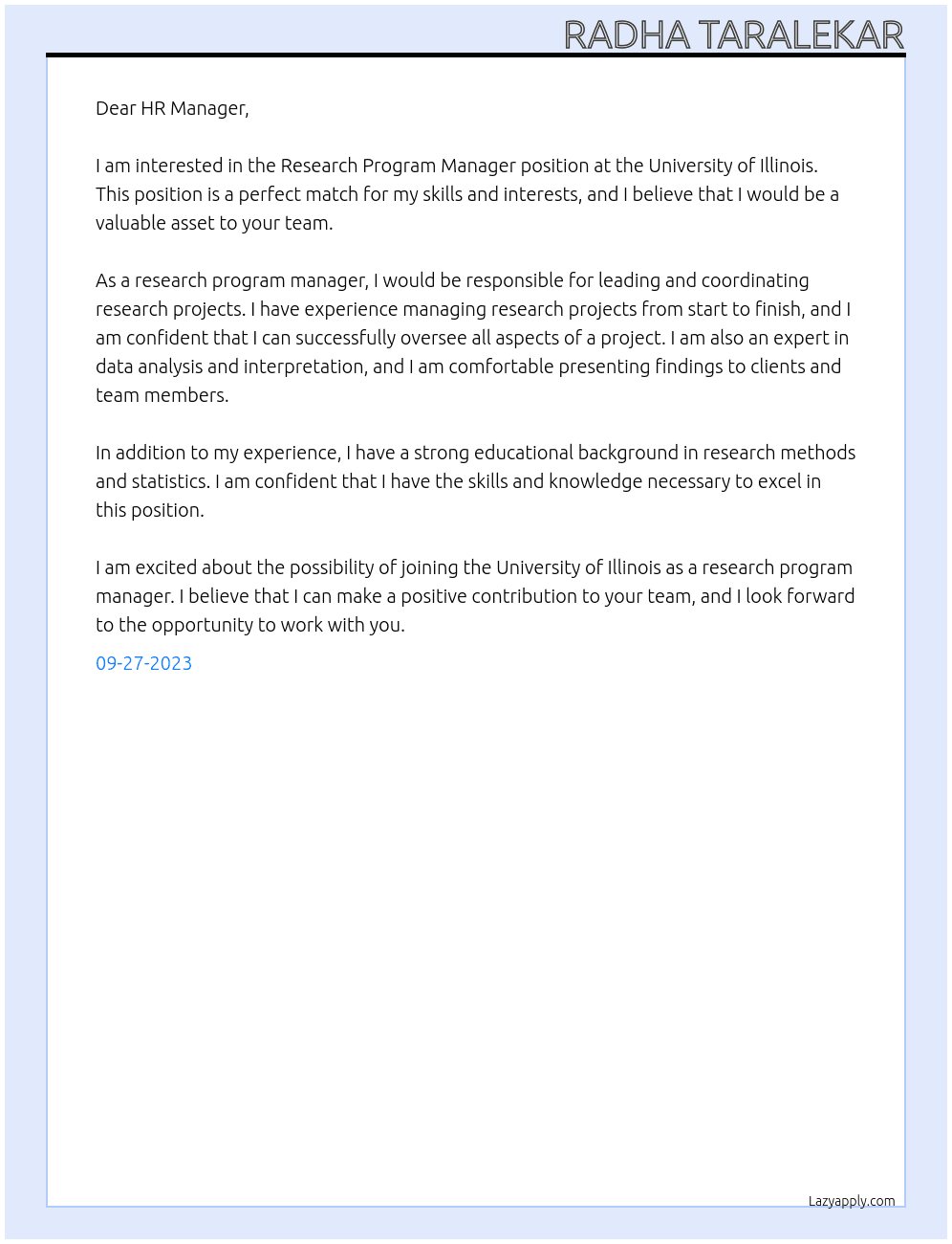 Research Program Manager At University of Illinois Cover Letter