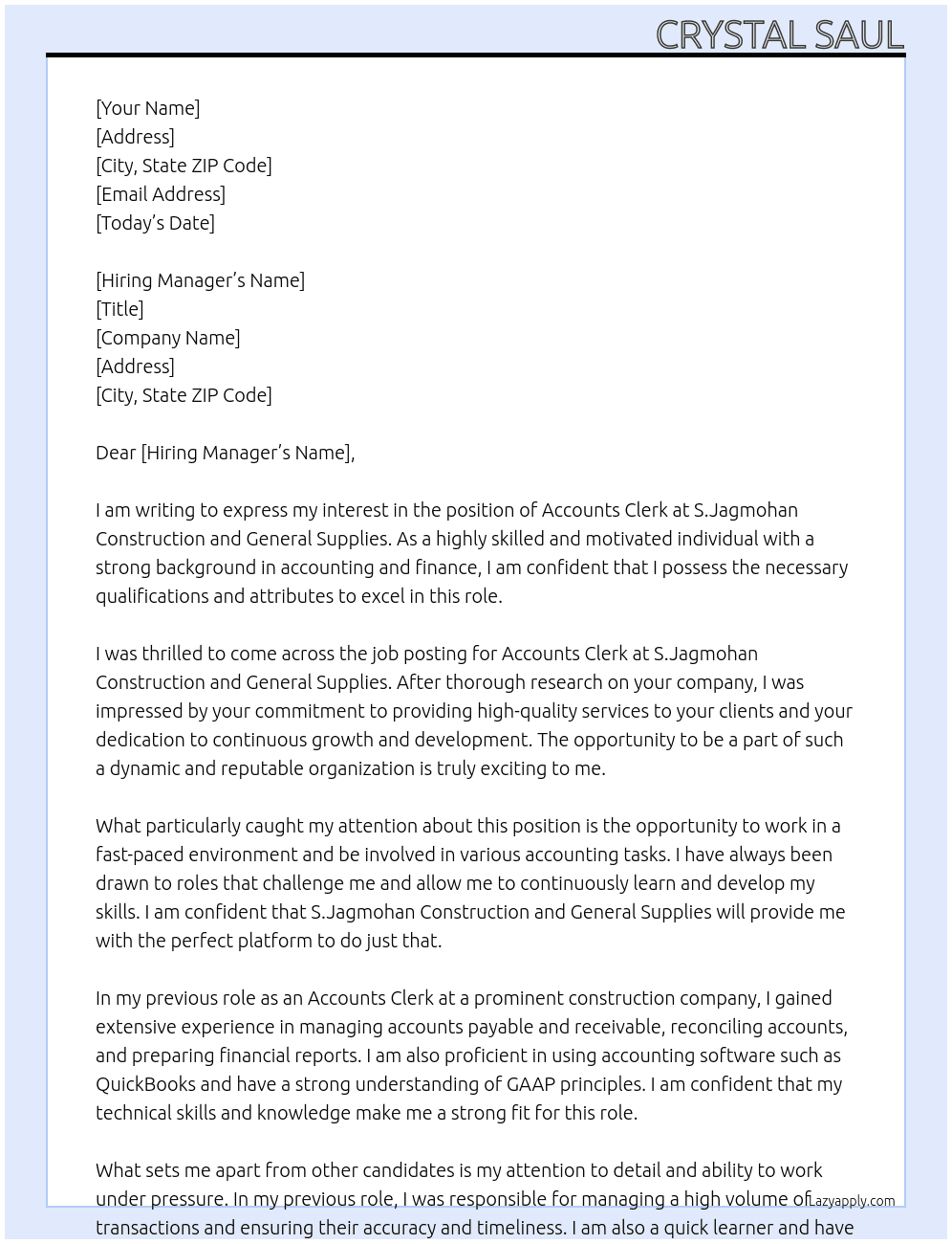 Accounts Clerk At S.Jagmohan consturction and General supplies Cover Letter