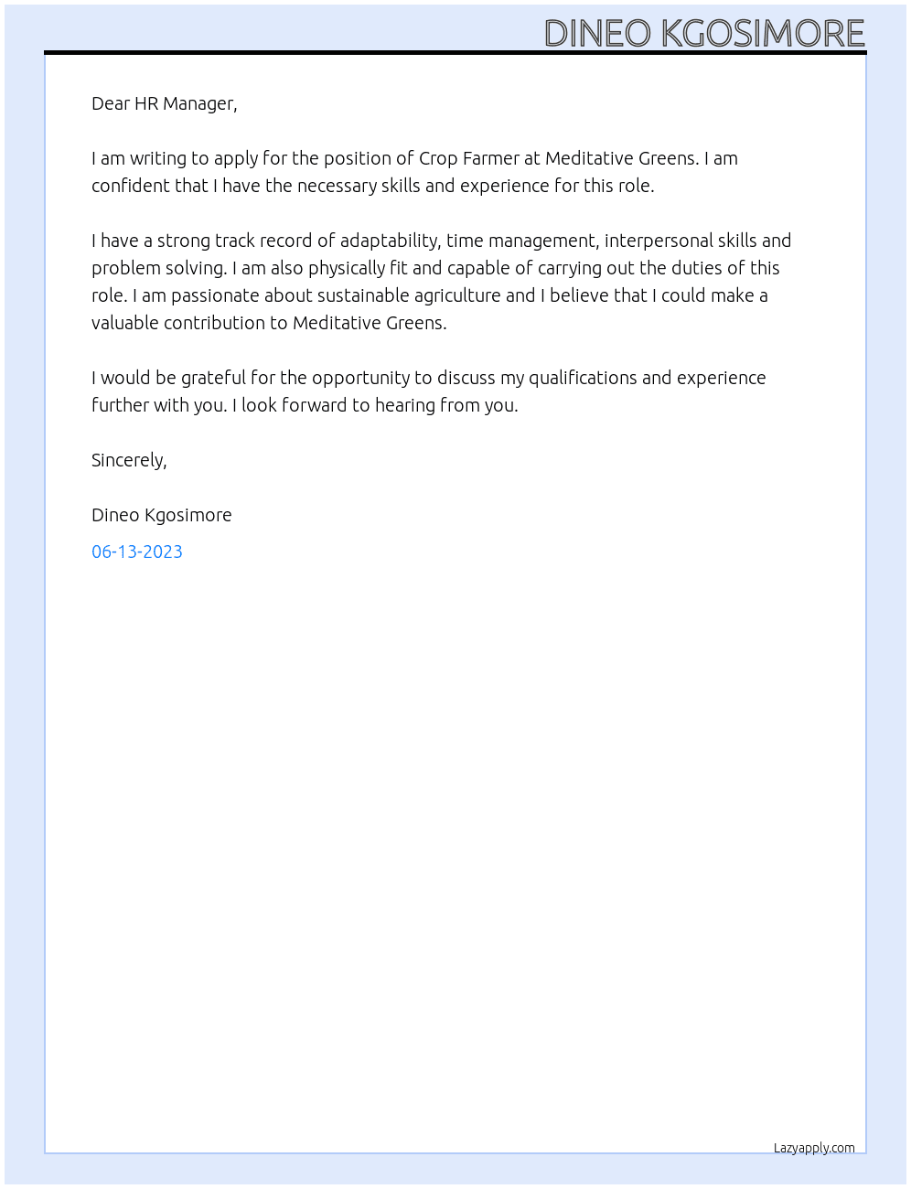 Crop farmer  At Meditative greens  Cover Letter