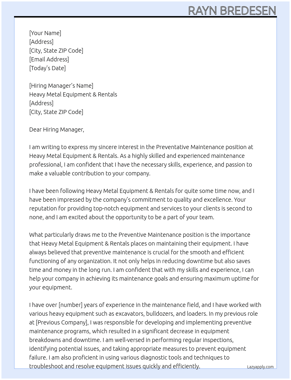 Cover letter for preventitive maintenace - LazyApply