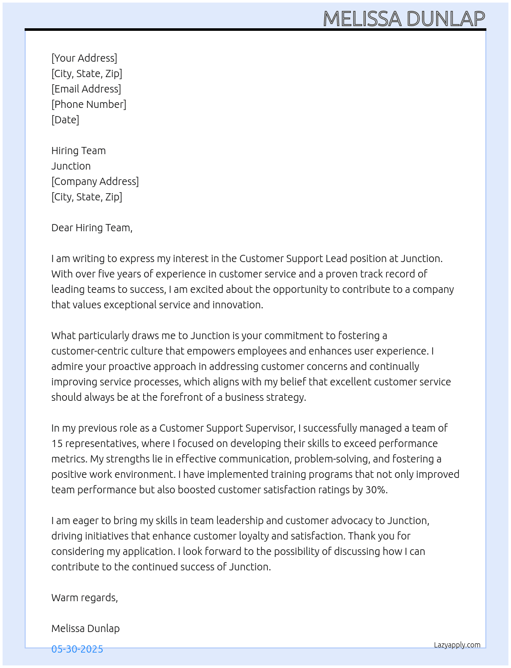 Cover letter for customer support lead - LazyApply