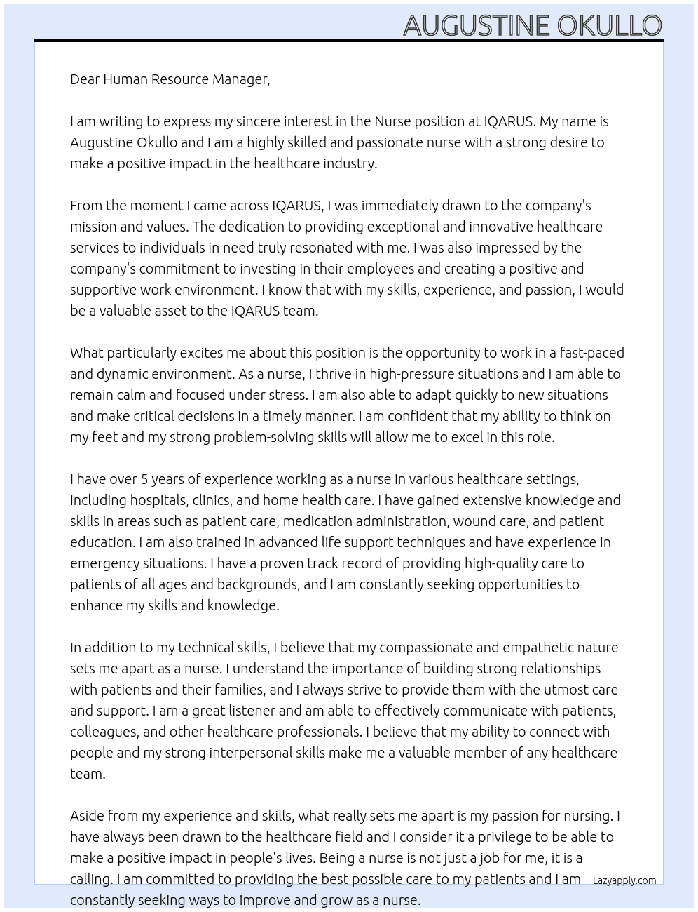 Nurse At IQARUS Cover Letter