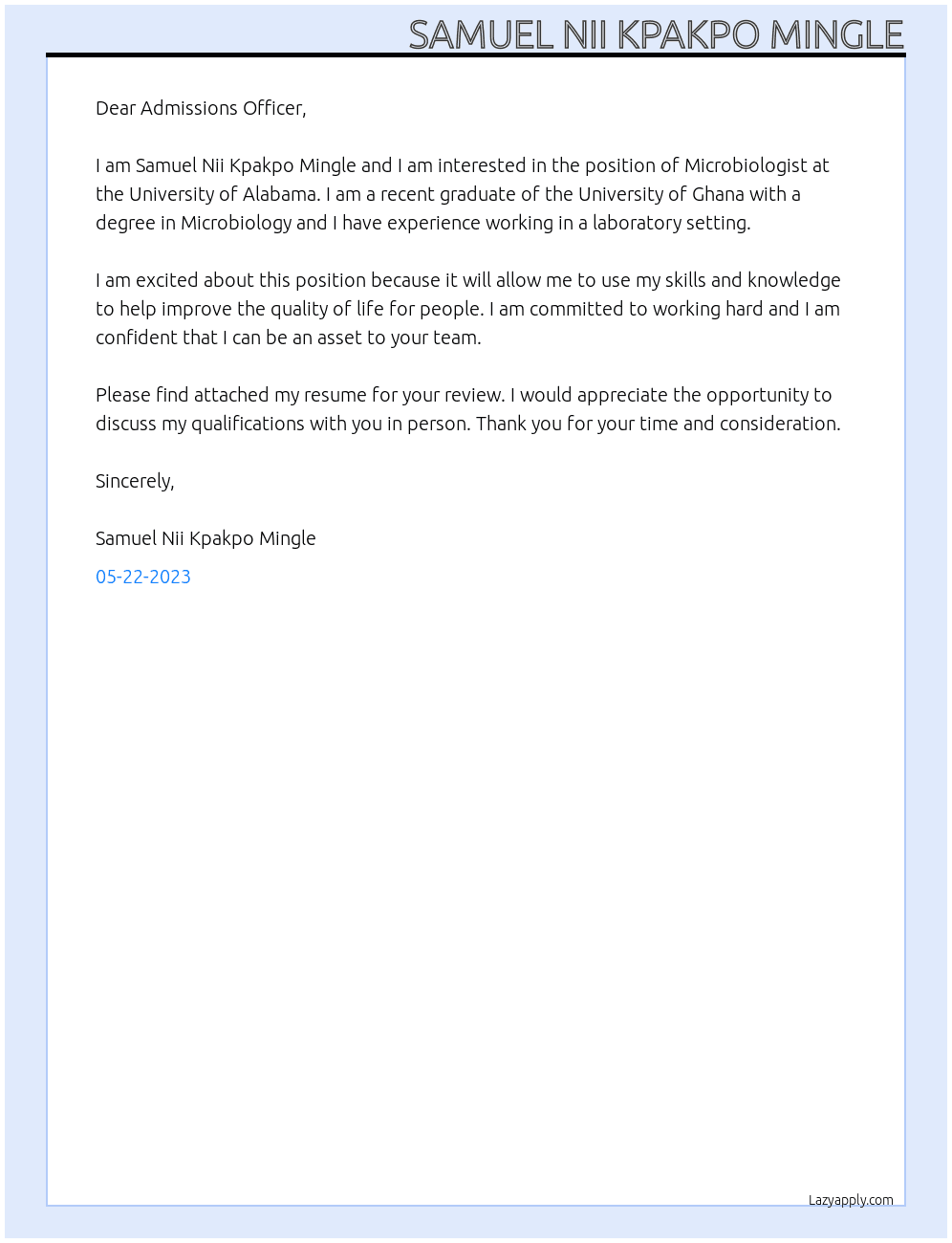 Microbiologist At University of Alabama Cover Letter