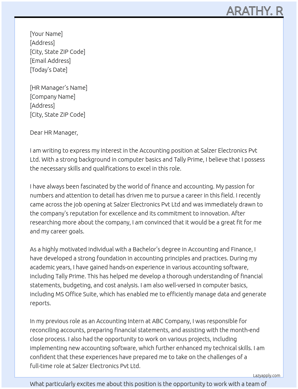 Accounting At Salzer electronics pvt ltd Cover Letter