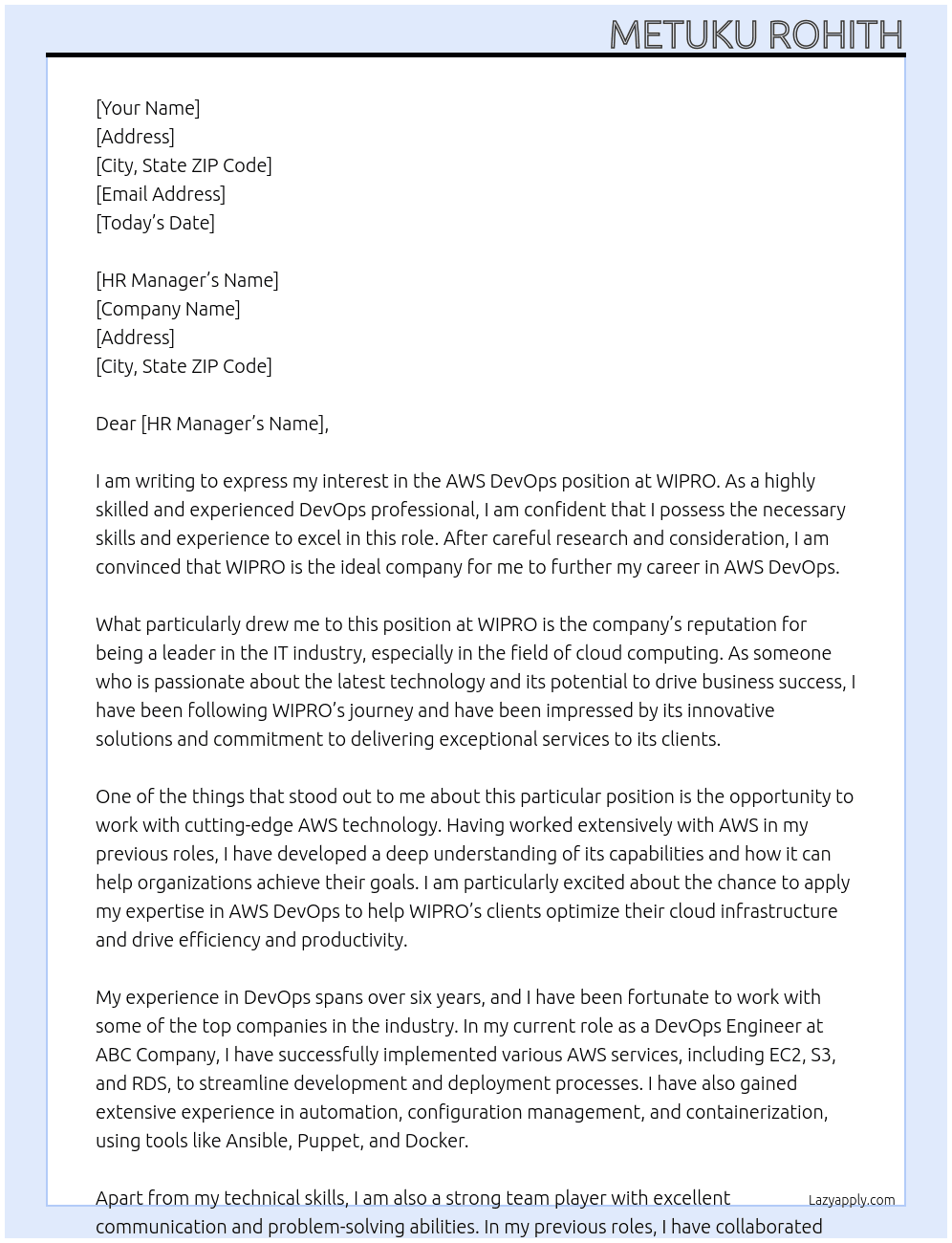 AWS DEVOPS At WIPRO Cover Letter