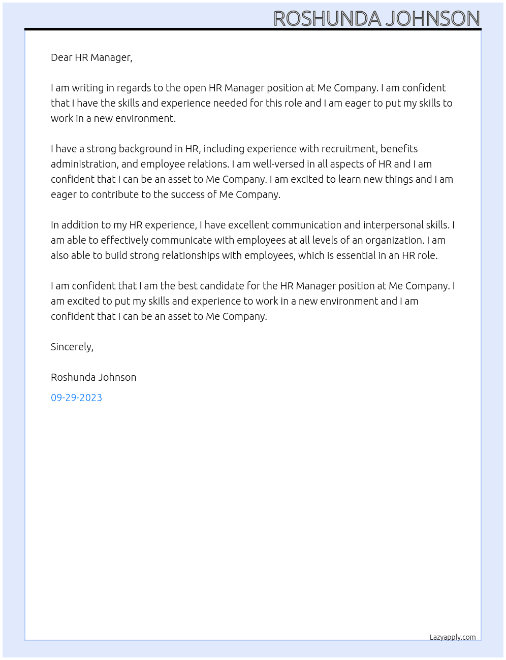 HR Manager At me Cover Letter