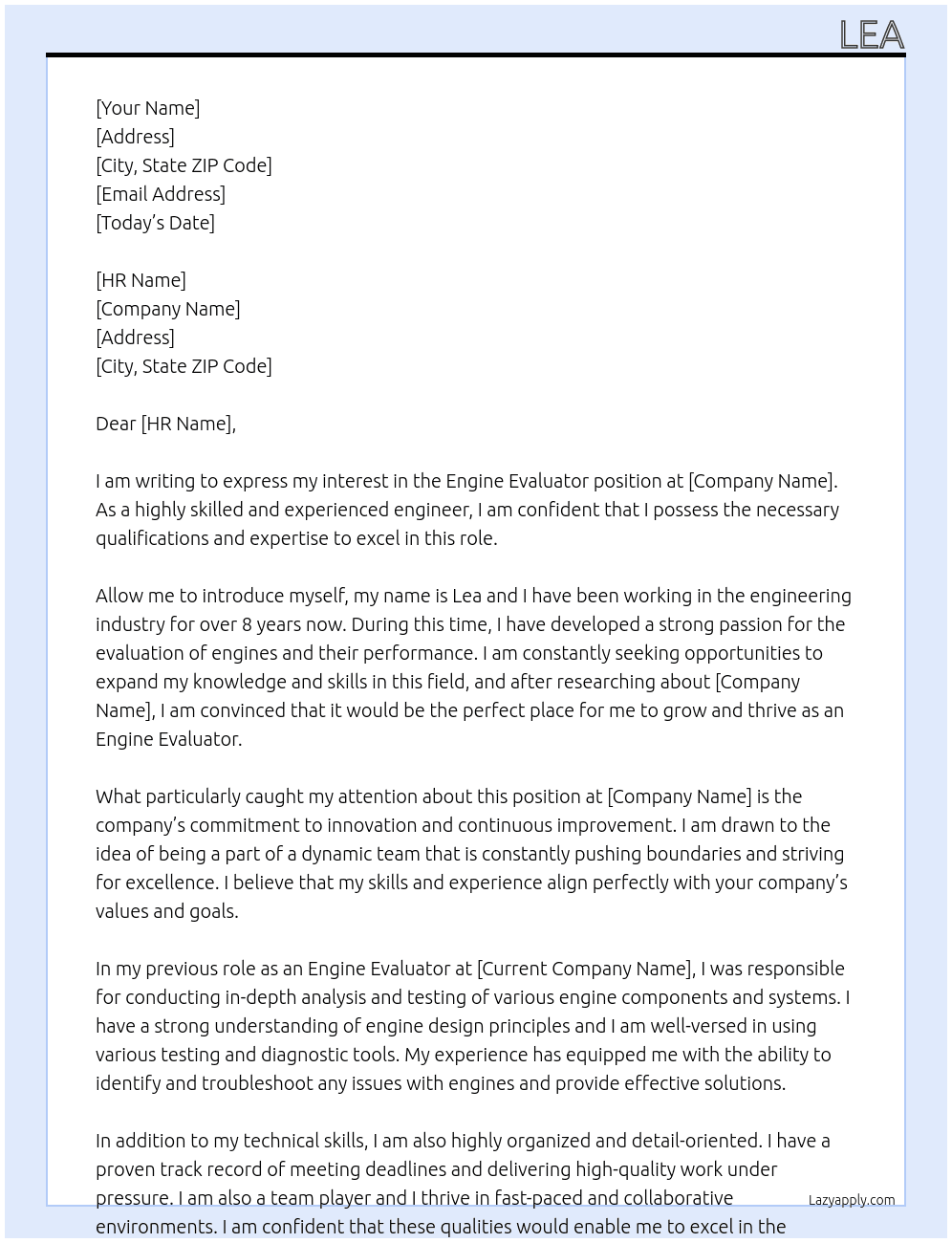 Engine Evaluator At PRTL Cover Letter