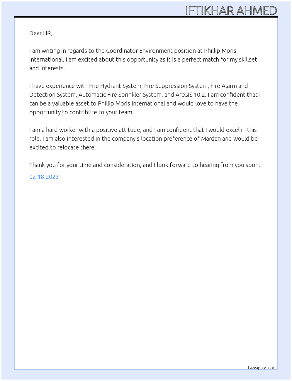 Coordinator Environment At Phillip Moris International Cover Letter