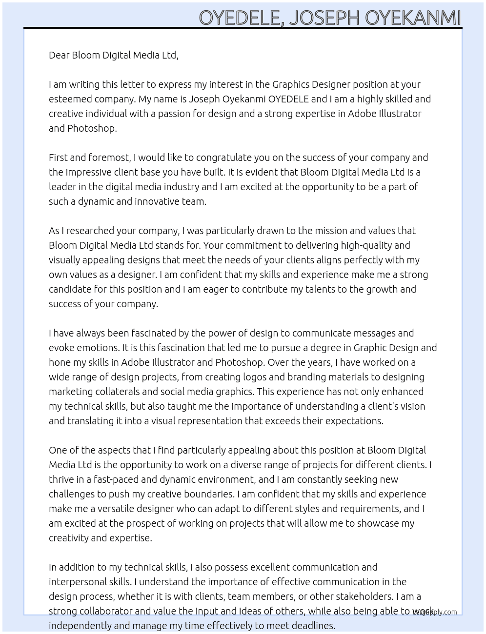 Graphics Designer At Bloom Digital Media Ltd Cover Letter
