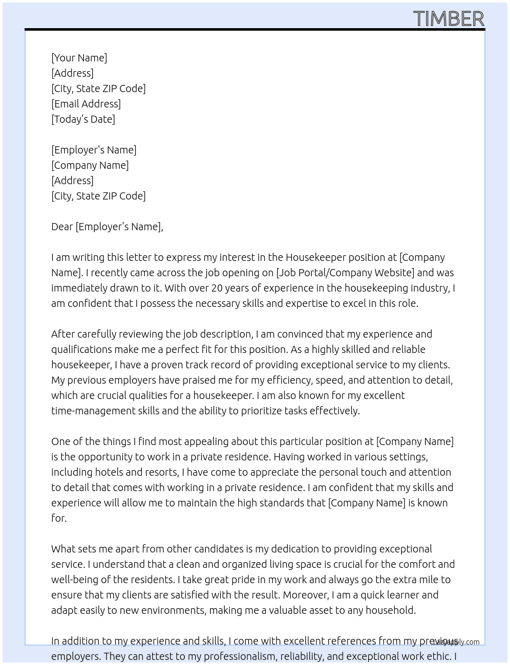 Housekeeper At Private residence Cover Letter