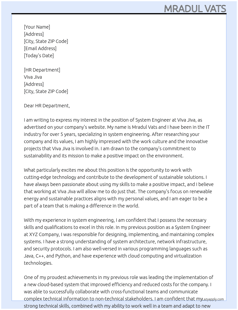 System Engineer At Viva Jiva Cover Letter