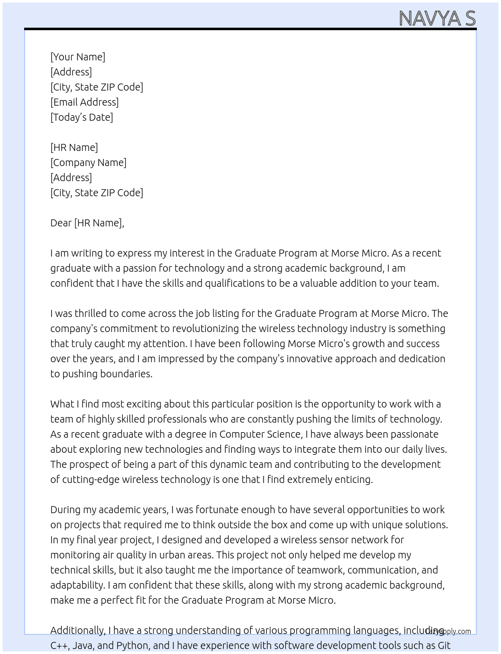 graduate program At Morse Micro Cover Letter